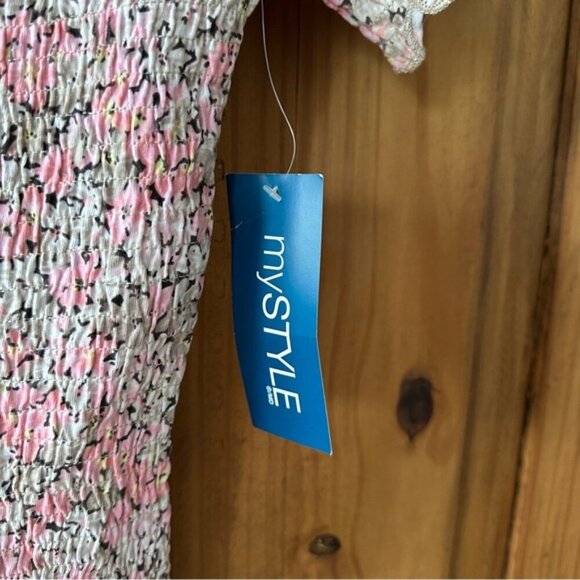 NWT MyStyle 100% Cotton Off Shoulder Top Shirring Smocked Pink Beige - Large - Picture 4 of 9